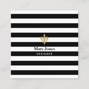 Black & White Stripes Fleur de Lis Square Business Card