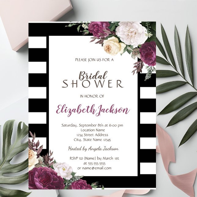 Black White Stripes Floral Bridal Shower Invitation (Creator Uploaded)