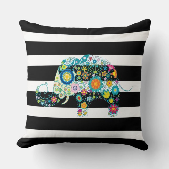 Black & White Stripes & Floral Elephant Cushion (Front)