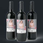 Black white stripes floral photo 21st birthday wine label<br><div class="desc">A label for a  21st birthday party. Classic slim black and white vertical stripes as background.  With girly and feminine Flowers,  pink roses and peonies as decoration.  
A frame on front with template for age 21,  name and dates. Template for your own vertical photo.</div>