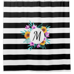 Black & White Stripes Flowers Custom Monogram Shower Curtain