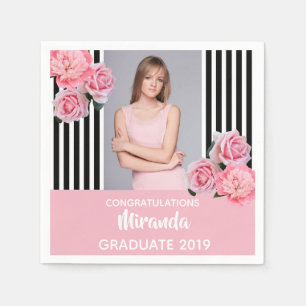 Black white stripes flowers photo graduate 2019 napkin