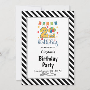 Black/White Stripes Framed 2nd Birthday Party Invitation