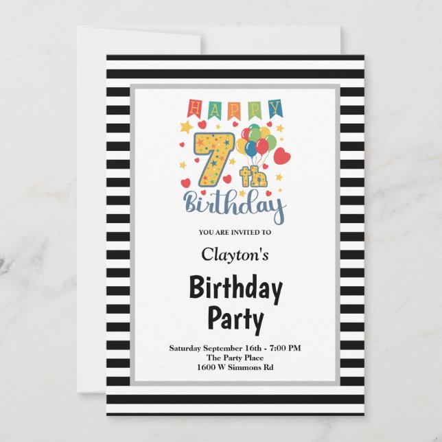 Black/White Stripes Framed 7th Birthday Party Invitation (Front)