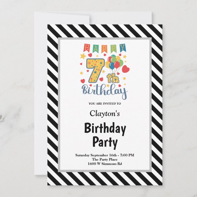 Black/White Stripes Framed 7th Birthday Party Invitation (Front)