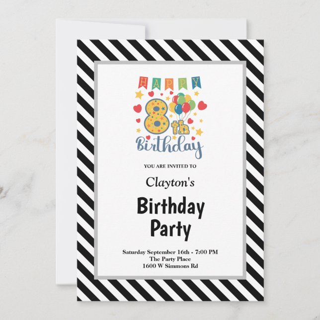 Black/White Stripes Framed 8th Birthday Party Invitation (Front)