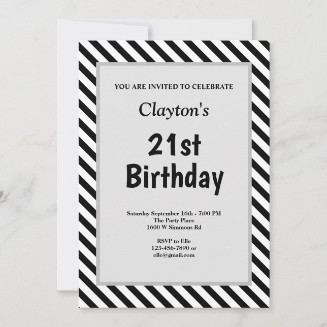Black/White Stripes Framed Birthday Party Invitation (Front)