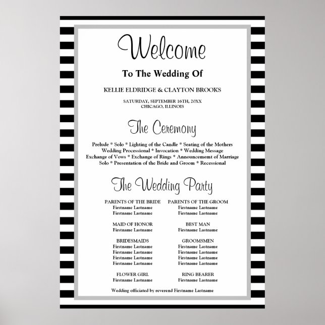 Black/White Stripes Framed Wedding Program Poster (Front)