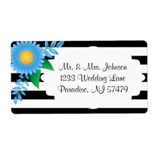 Black & White Stripes, Gold Blue Flowers