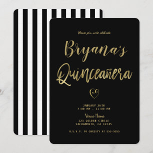 Black & White Stripes Gold Chic 15 Quinceañera  Invitation