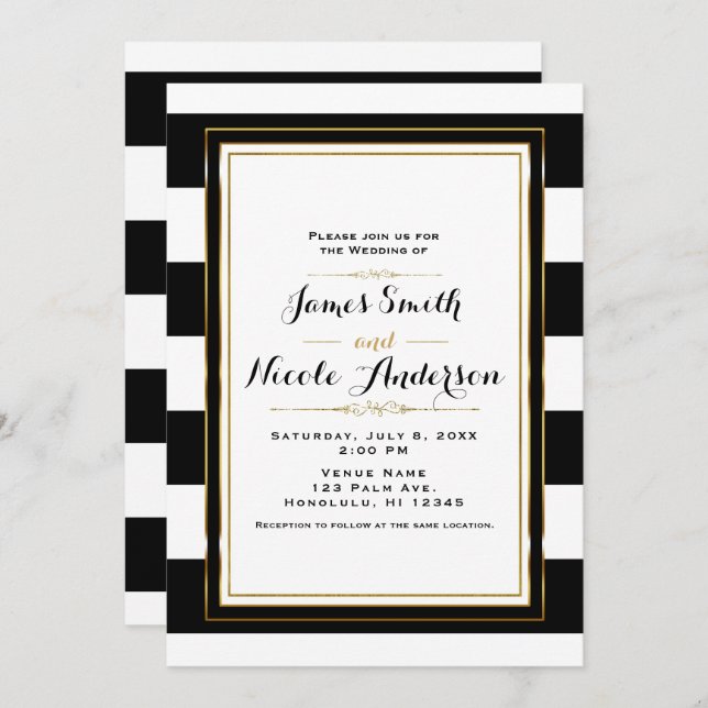 Black & White Stripes Gold Chic Elegant Wedding Invitation (Front/Back)