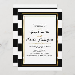 Black & White Stripes Gold Chic Elegant Wedding Invitation