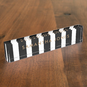 Black White Stripes Gold Classic Personalised Nameplate