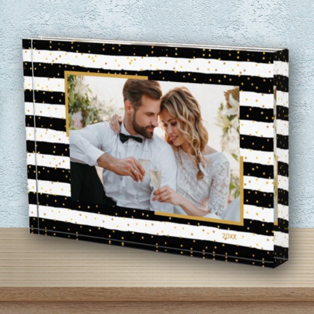 Black White Stripes Gold Dots Custom Photo Block (Creator Uploaded)