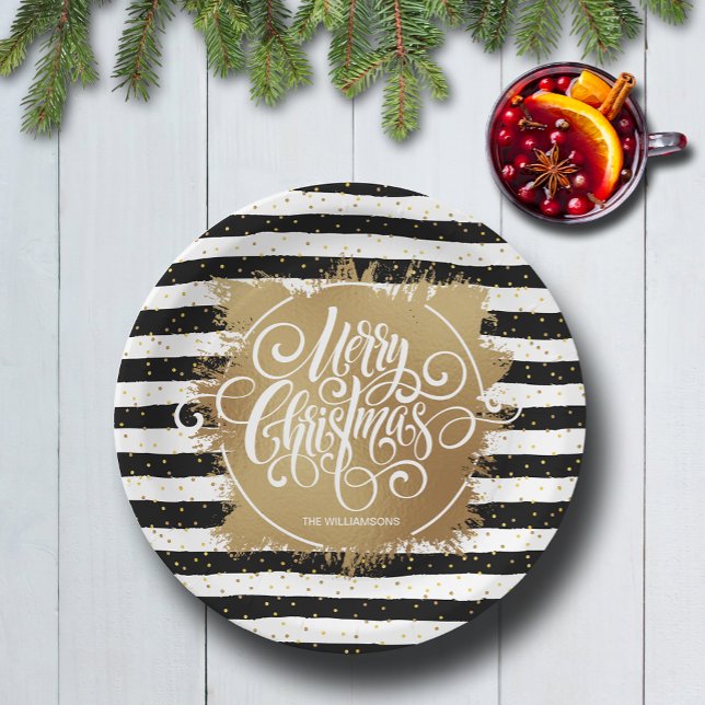 Black White Stripes Gold Faux Foil Christmas Paper Plate (Merry Christmas typography on faux gold foil on black and white stripes paper plates)