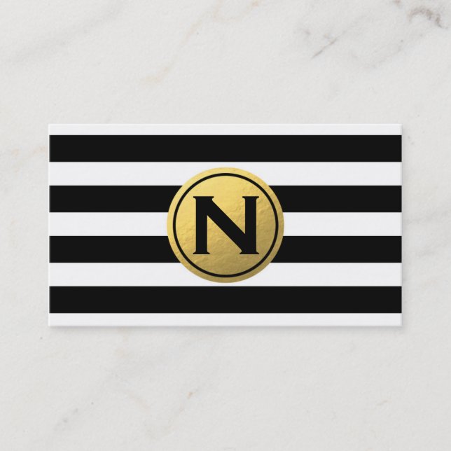 Black White Stripes Gold Foil Circle Business Card (Front)