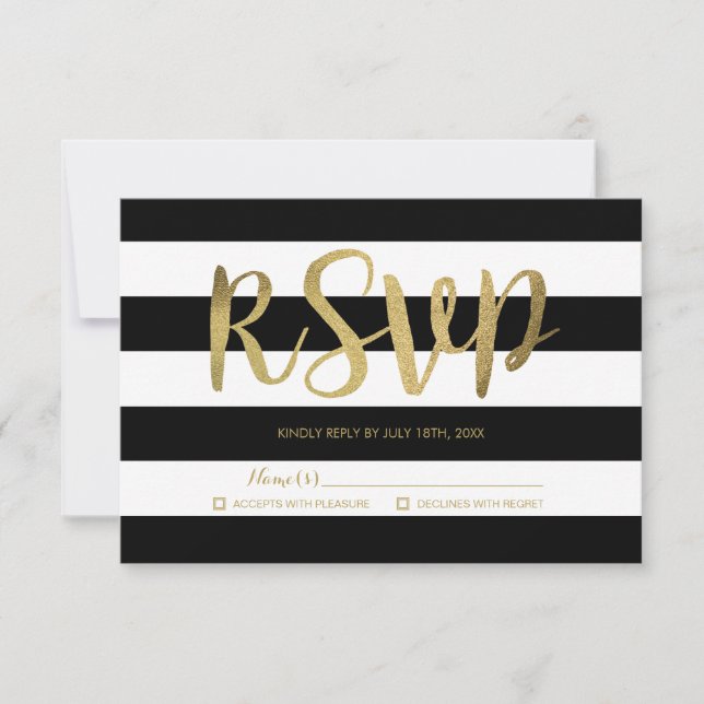Black & White Stripes Gold Foil Wedding RSVP Card (Front)