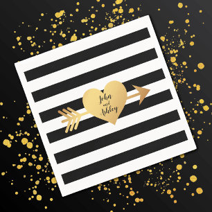 Black & White Stripes Gold Heart Wedding Napkin