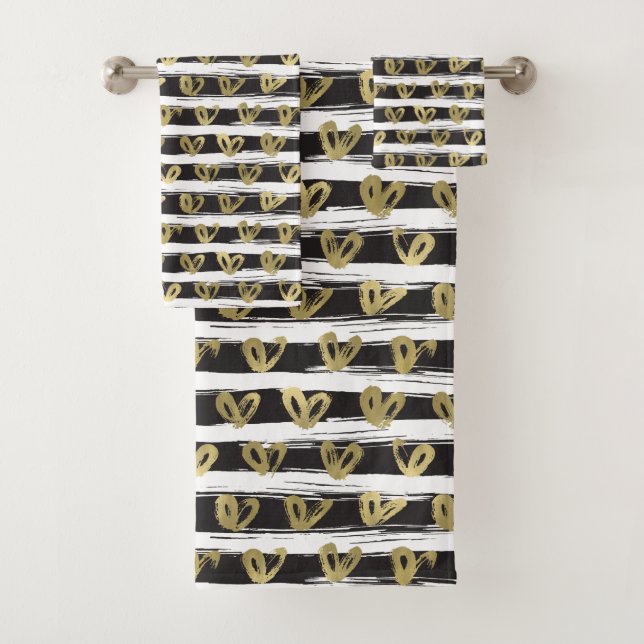 Black White Stripes Gold Hearts Bath Towel Set (Insitu)