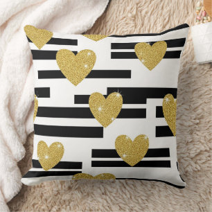 Black White Stripes Gold Hearts Pattern Cushion