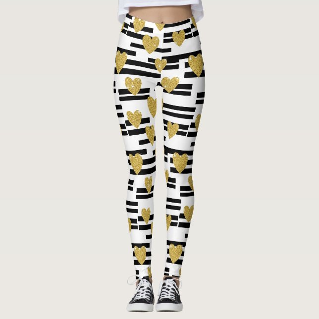 Black White Stripes Gold Hearts Pattern Leggings (Front)