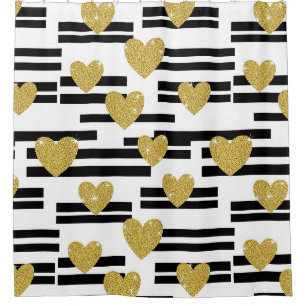 Black White Stripes Gold Hearts Pattern Shower Curtain