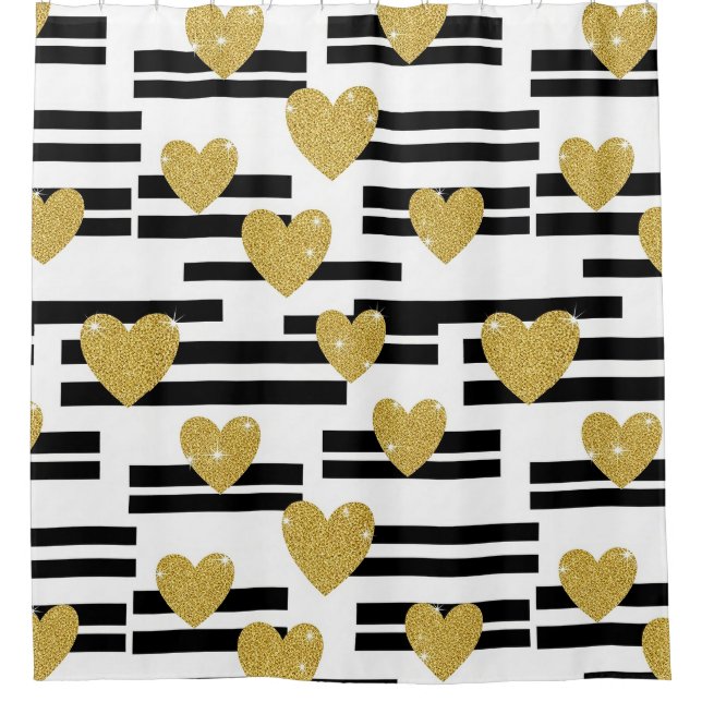 Black White Stripes Gold Hearts Pattern Shower Curtain (Front)