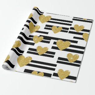 Black White Stripes Gold Hearts Pattern Wrapping Paper