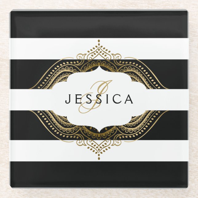 Black & White Stripes Gold Lace Frame Glass Coaster (Front)