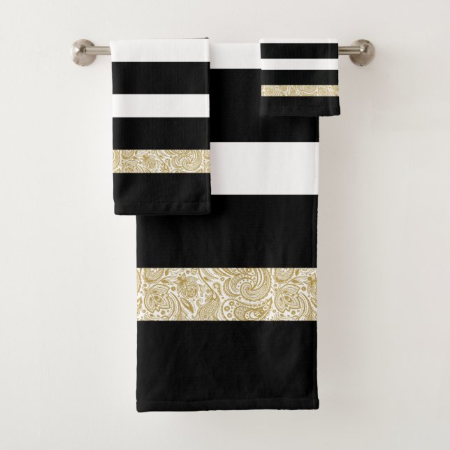 Black & white stripes gold paisly Accent Bath Towel Set (Insitu)