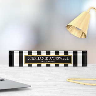 Black White Stripes Gold Personalised Nameplate