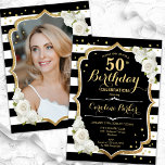 Black White Stripes Gold Photo 50th Birthday Invitation<br><div class="desc">Elegant floral feminine 50th birthday invitation with your photo at the back of the card. Glam black white design with faux glitter gold. Features black and white stripes, roses, script font and confetti. Perfect for a stylish adult bday celebration party. Personalise with your own details. Can be customised for any...</div>