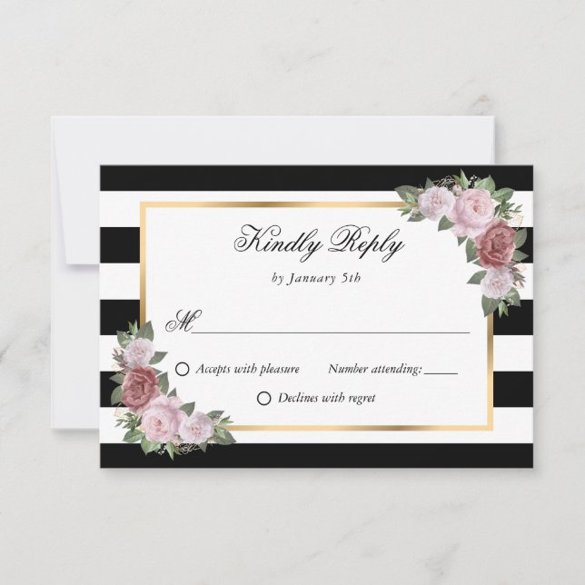 Black White Stripes Gold Pink Blush Floral Wedding RSVP Card (Front)