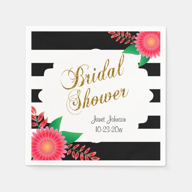 Black & White Stripes, Gold | Pink Bridal Shower Napkin (Front)
