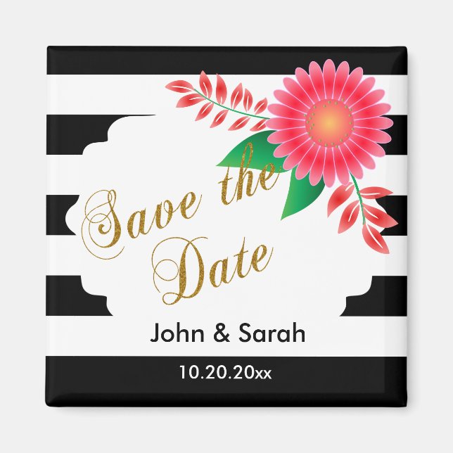 Black & White Stripes, Gold | Pink Save the Date Magnet (Front)