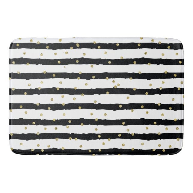 Black White Stripes Gold Sparkly Confetti Bath Mat (Front)