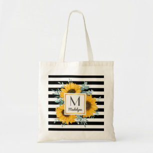 Black White Stripes Gold Sunflower Personalised Tote Bag