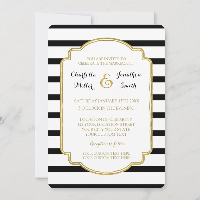 Black White Stripes Gold Wedding Invitations (Back)