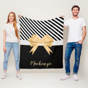 Black White Stripes Goldem Bow Fleece Blanket