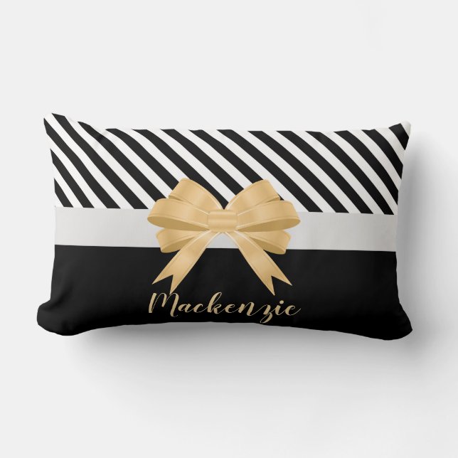 Black White Stripes Goldem Bow Lumbar Cushion (Front)
