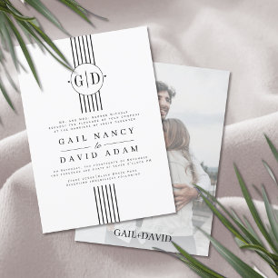 Black white stripes, initials and photo wedding invitation