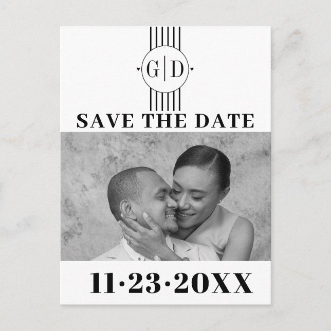 Black white stripes | initials photo Save The Date Postcard (Front)