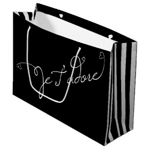black white stripes Je T adore French I Adore You Large Gift Bag