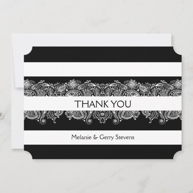 Black & White Stripes & Lace Thank You Card (Front)