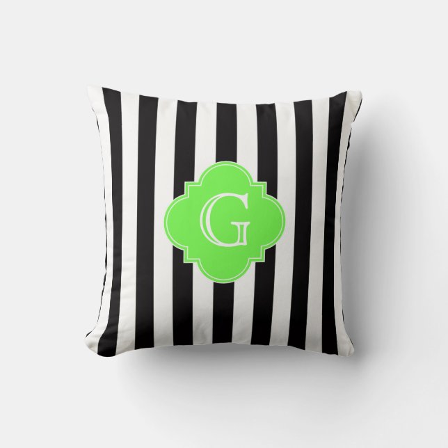 Black White Stripes Lime Quatrefoil Monogram Cushion (Front)