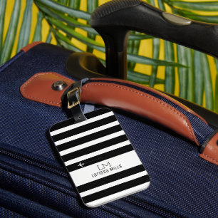 BLACK & WHITE Stripes luggagetag with name black Luggage Tag