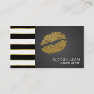Black & White Stripes Modern Faux Gold Lips Beauty Business Card