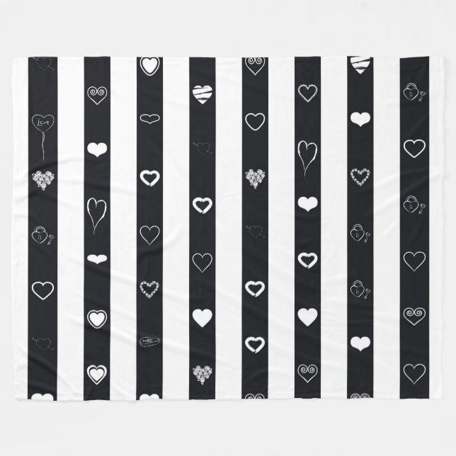 Black White Stripes Modern Heart Pattern Fleece Blanket (Front (Horizontal))