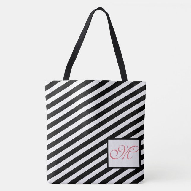 Black & White Stripes Modern Monogram Tote Bag (Front)
