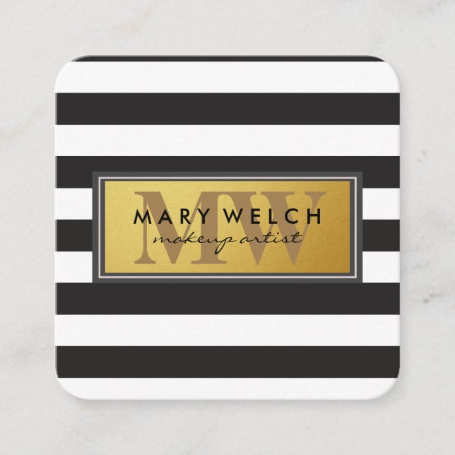 Black White Stripes Monogram Appointment Card (Front)